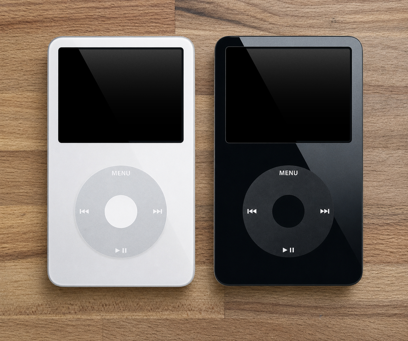 White and black 5th-generation iPod models with glossy plastic front plates