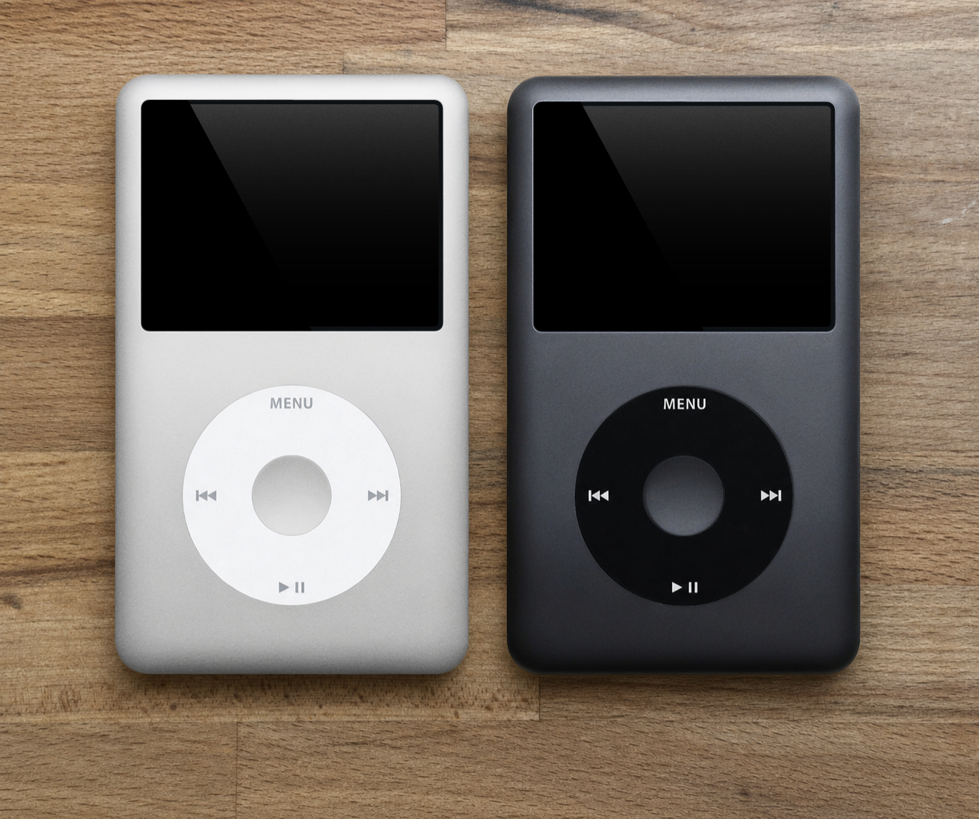 Silver and charcoal-gray 7th-generation iPod classic models with aluminum front plates